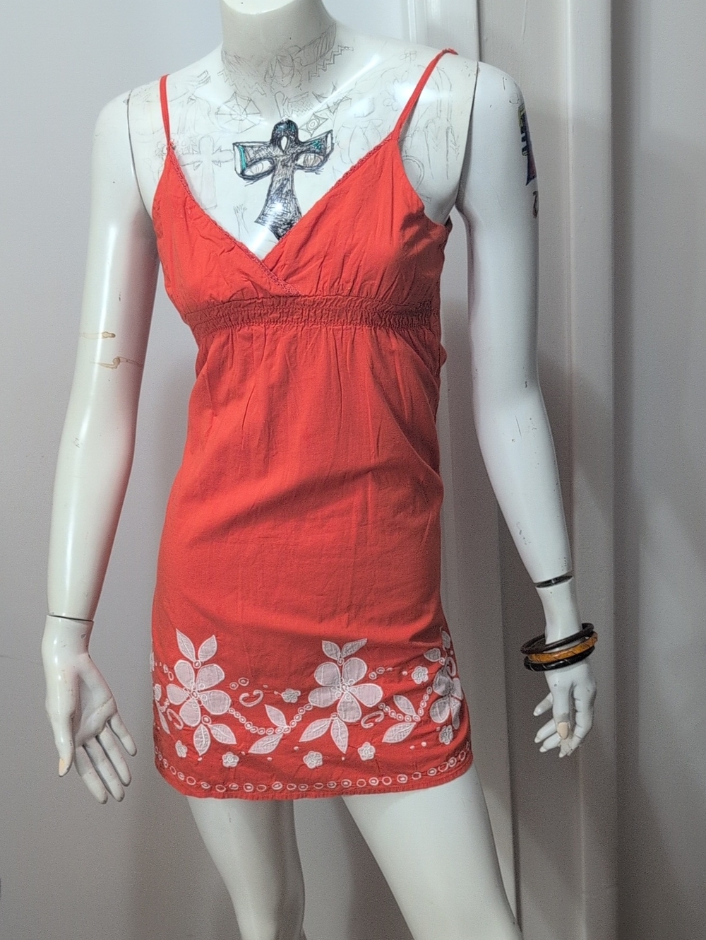 Roxy Coral 🍊 Mini Dress with White Floral Embroidery